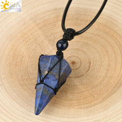 Natural Stone Cone Pendant Necklace: Crystal Quartz & Black Rope