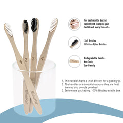 Set 4-Pack - Bamboo Toothbrushes with Soft Bristles for Adults - Eco-Friendly, Biodegradable, Natural Wooden Toothbrushes