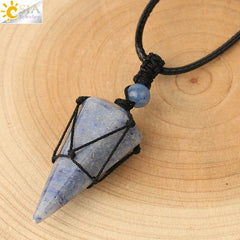 Natural Stone Cone Pendant Necklace: Crystal Quartz & Black Rope