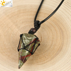 Natural Stone Cone Pendant Necklace: Crystal Quartz & Black Rope