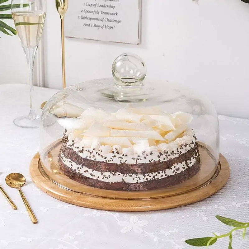 Dustproof Glass Cake Cover with Bamboo Tray