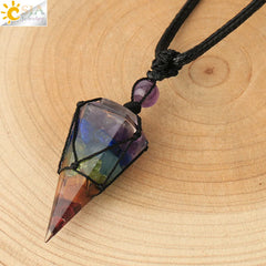 Natural Stone Cone Pendant Necklace: Crystal Quartz & Black Rope