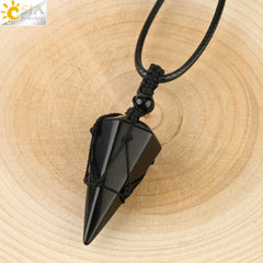 Natural Stone Cone Pendant Necklace: Crystal Quartz & Black Rope