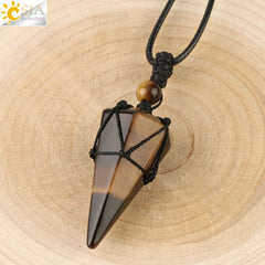 Natural Stone Cone Pendant Necklace: Crystal Quartz & Black Rope