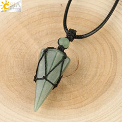 Natural Stone Cone Pendant Necklace: Crystal Quartz & Black Rope