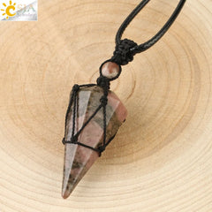 Natural Stone Cone Pendant Necklace: Crystal Quartz & Black Rope