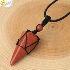 Natural Stone Cone Pendant Necklace: Crystal Quartz & Black Rope