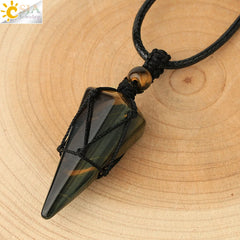 Natural Stone Cone Pendant Necklace: Crystal Quartz & Black Rope