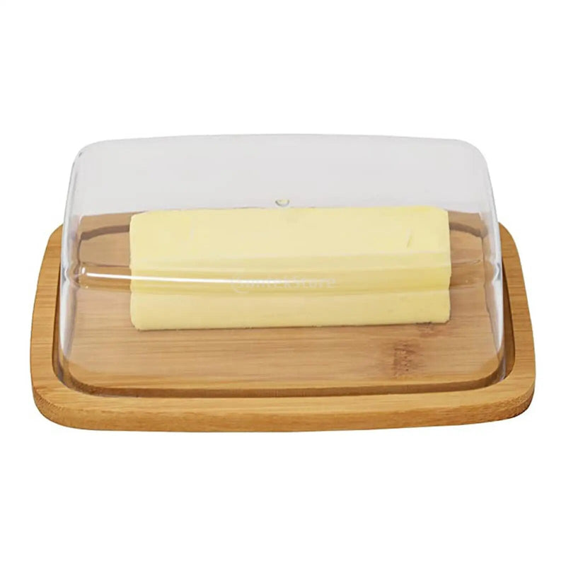 Square Bamboo Butter Dish Creative Rectangular with Glass Lid for Home