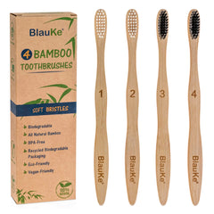 Set 4-Pack - Bamboo Toothbrushes with Soft Bristles for Adults - Eco-Friendly, Biodegradable, Natural Wooden Toothbrushes