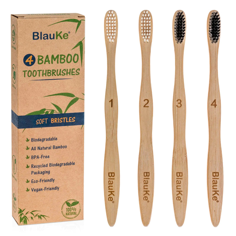 Set 4-Pack - Bamboo Toothbrushes with Soft Bristles for Adults - Eco-Friendly, Biodegradable, Natural Wooden Toothbrushes