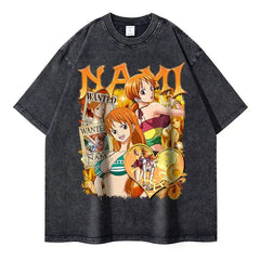 Oversized T-Shirt Washed Anime One Piece Manga - Ace Sanji Luffy Zoro Nami