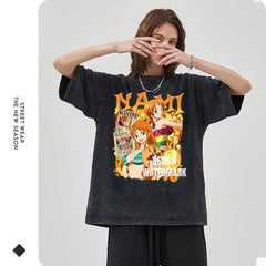 Oversized T-Shirt Washed Anime One Piece Manga - Ace Sanji Luffy Zoro Nami