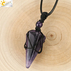 Natural Stone Cone Pendant Necklace: Crystal Quartz & Black Rope