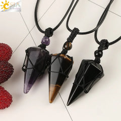 Natural Stone Cone Pendant Necklace: Crystal Quartz & Black Rope