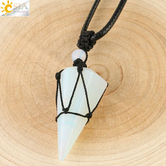 Natural Stone Cone Pendant Necklace: Crystal Quartz & Black Rope