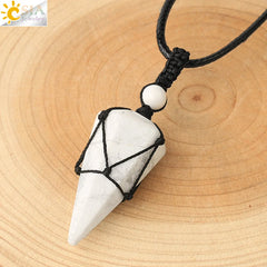 Natural Stone Cone Pendant Necklace: Crystal Quartz & Black Rope