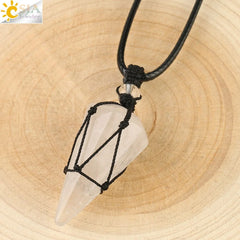 Natural Stone Cone Pendant Necklace: Crystal Quartz & Black Rope