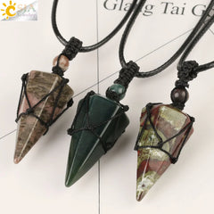 Natural Stone Cone Pendant Necklace: Crystal Quartz & Black Rope