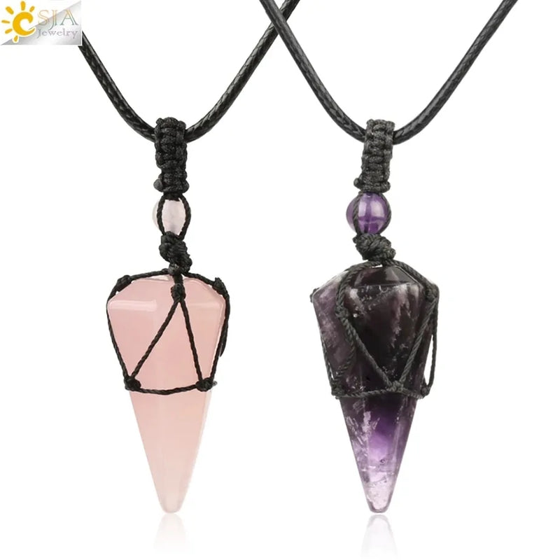 Natural Stone Cone Pendant Necklace: Crystal Quartz & Black Rope