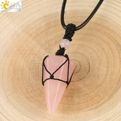 Natural Stone Cone Pendant Necklace: Crystal Quartz & Black Rope